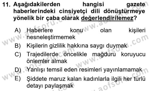 Toplumsal Cinsiyet Çalışmaları Dersi 2018 - 2019 Yılı (Final) Dönem Sonu Sınav Soruları 11. Soru