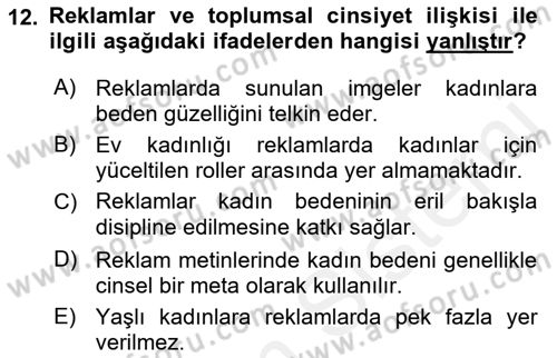 Toplumsal Cinsiyet Çalışmaları Dersi 2018 - 2019 Yılı (Final) Dönem Sonu Sınav Soruları 12. Soru