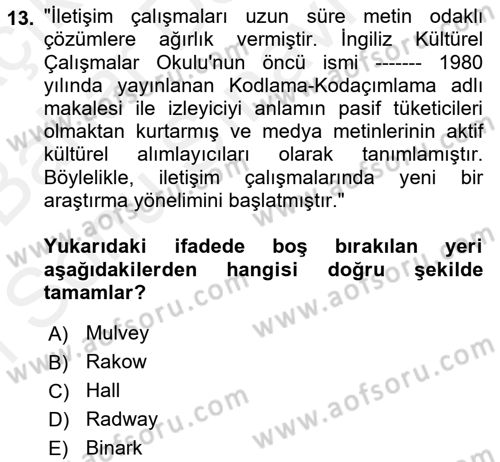 Toplumsal Cinsiyet Çalışmaları Dersi 2018 - 2019 Yılı (Final) Dönem Sonu Sınav Soruları 13. Soru