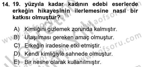 Toplumsal Cinsiyet Çalışmaları Dersi 2018 - 2019 Yılı Yaz Okulu Sınav Soruları 14. Soru