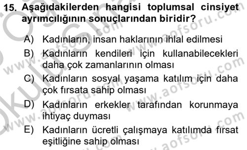 Toplumsal Cinsiyet Çalışmaları Dersi 2018 - 2019 Yılı Yaz Okulu Sınav Soruları 15. Soru