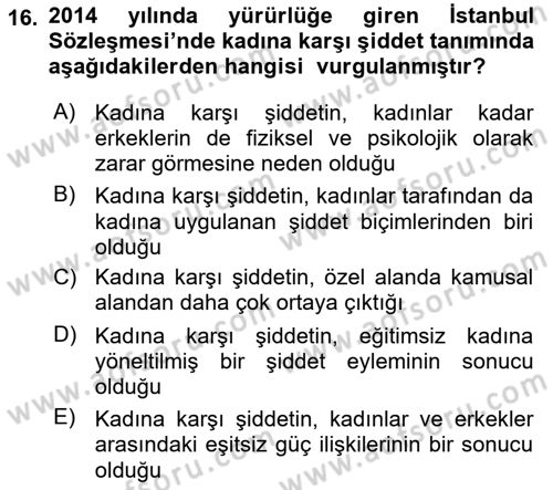 Toplumsal Cinsiyet Çalışmaları Dersi 2018 - 2019 Yılı Yaz Okulu Sınav Soruları 16. Soru