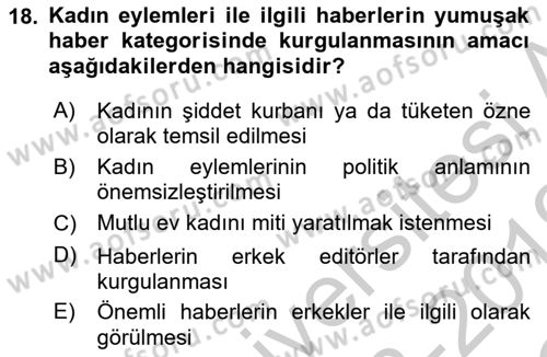 Toplumsal Cinsiyet Çalışmaları Dersi 2018 - 2019 Yılı Yaz Okulu Sınav Soruları 18. Soru