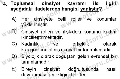 Toplumsal Cinsiyet Çalışmaları Dersi 2018 - 2019 Yılı Yaz Okulu Sınav Soruları 4. Soru