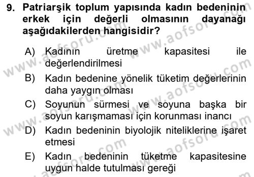 Toplumsal Cinsiyet Çalışmaları Dersi 2018 - 2019 Yılı Yaz Okulu Sınav Soruları 9. Soru