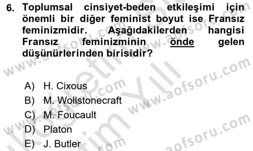 Toplumsal Cinsiyet Çalışmaları Dersi 2020 - 2021 Yılı Yaz Okulu Sınav Soruları 6. Soru