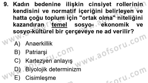 Toplumsal Cinsiyet Çalışmaları Dersi 2020 - 2021 Yılı Yaz Okulu Sınavı 9. Soru