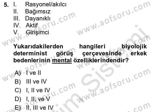 Toplumsal Cinsiyet Çalışmaları Dersi 2021 - 2022 Yılı (Vize) Ara Sınav Soruları 5. Soru