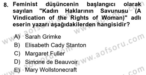 Toplumsal Cinsiyet Çalışmaları Dersi 2021 - 2022 Yılı (Vize) Ara Sınav Soruları 8. Soru