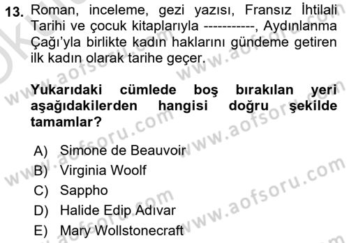 Toplumsal Cinsiyet Çalışmaları Dersi 2021 - 2022 Yılı Yaz Okulu Sınavı 13. Soru