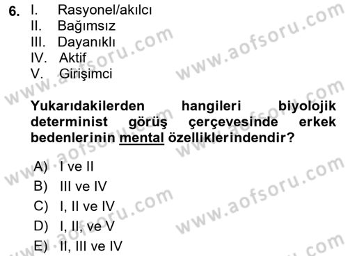 Toplumsal Cinsiyet Çalışmaları Dersi 2021 - 2022 Yılı Yaz Okulu Sınav Soruları 6. Soru