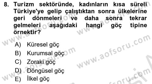 Toplumsal Cinsiyet Çalışmaları Dersi 2021 - 2022 Yılı Yaz Okulu Sınavı 8. Soru