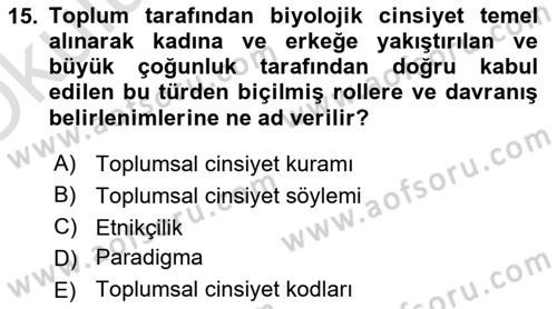Toplumsal Cinsiyet Çalışmaları Dersi 2022 - 2023 Yılı Yaz Okulu Sınav Soruları 15. Soru