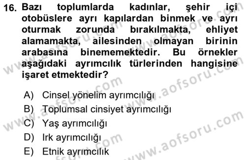 Toplumsal Cinsiyet Çalışmaları Dersi 2022 - 2023 Yılı Yaz Okulu Sınavı 16. Soru