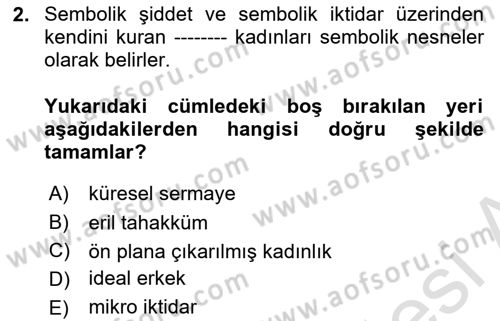 Toplumsal Cinsiyet Çalışmaları Dersi 2022 - 2023 Yılı Yaz Okulu Sınav Soruları 2. Soru