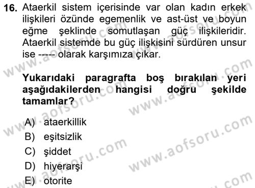 Toplumsal Cinsiyet Çalışmaları Dersi 2023 - 2024 Yılı (Vize) Ara Sınav Soruları 16. Soru