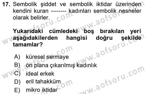 Toplumsal Cinsiyet Çalışmaları Dersi 2023 - 2024 Yılı (Vize) Ara Sınav Soruları 17. Soru