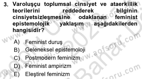Toplumsal Cinsiyet Çalışmaları Dersi 2023 - 2024 Yılı (Vize) Ara Sınav Soruları 3. Soru