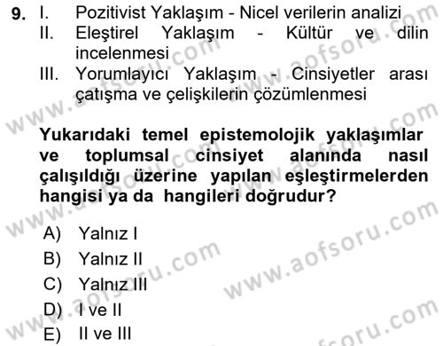 Toplumsal Cinsiyet Çalışmaları Dersi 2023 - 2024 Yılı (Vize) Ara Sınav Soruları 9. Soru