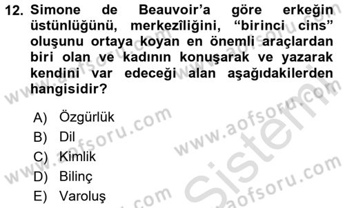 Toplumsal Cinsiyet Çalışmaları Dersi 2023 - 2024 Yılı (Final) Dönem Sonu Sınav Soruları 12. Soru