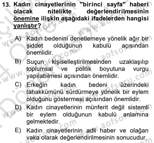 Toplumsal Cinsiyet Çalışmaları Dersi 2023 - 2024 Yılı (Final) Dönem Sonu Sınav Soruları 13. Soru