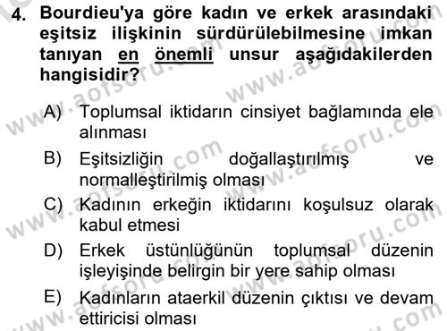 Toplumsal Cinsiyet Çalışmaları Dersi 2023 - 2024 Yılı Yaz Okulu Sınav Soruları 4. Soru