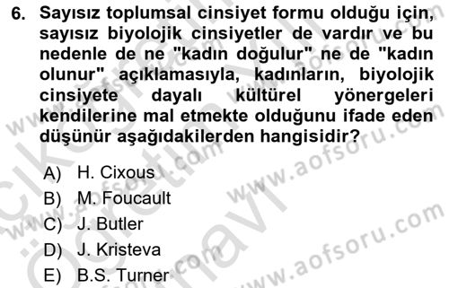 Toplumsal Cinsiyet Çalışmaları Dersi 2023 - 2024 Yılı Yaz Okulu Sınav Soruları 6. Soru