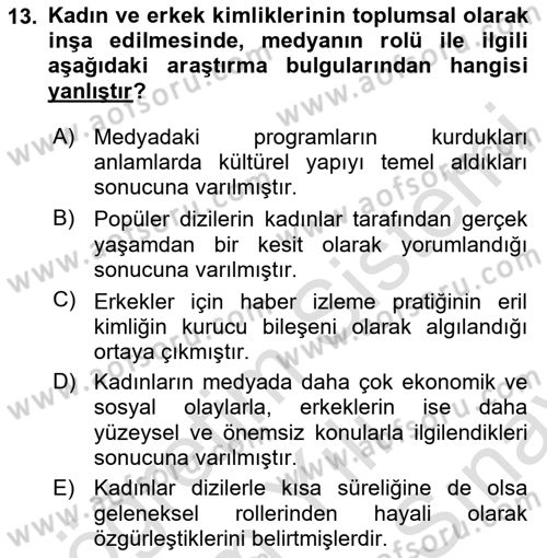 Toplumsal Cinsiyet Çalışmaları Dersi 2024 - 2025 Yılı (Final) Dönem Sonu Sınav Soruları 13. Soru