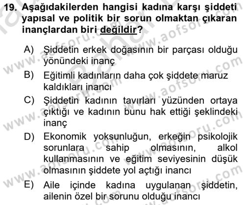 Toplumsal Cinsiyet Çalışmaları Dersi 2024 - 2025 Yılı (Final) Dönem Sonu Sınav Soruları 19. Soru