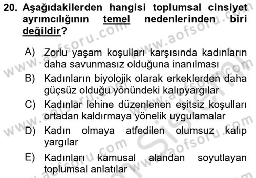 Toplumsal Cinsiyet Çalışmaları Dersi 2024 - 2025 Yılı (Final) Dönem Sonu Sınav Soruları 20. Soru