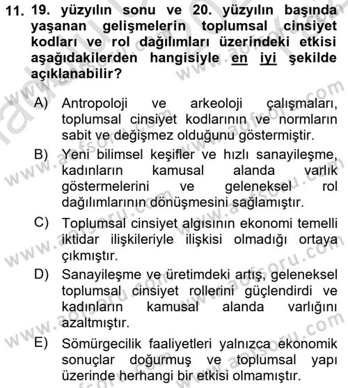 Toplumsal Cinsiyet Çalışmaları Dersi 2024 - 2025 Yılı Yaz Okulu Sınav Soruları 11. Soru