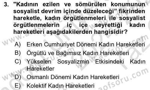 Toplumsal Cinsiyet Çalışmaları Dersi 2024 - 2025 Yılı Yaz Okulu Sınav Soruları 3. Soru