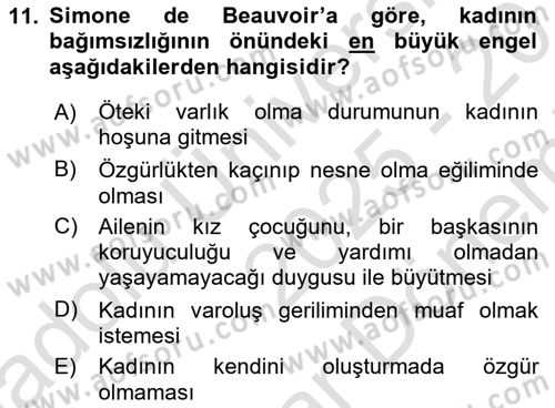Toplumsal Cinsiyet Çalışmaları Dersi 2025 - 2026 Yılı (Final) Dönem Sonu Sınav Soruları 11. Soru