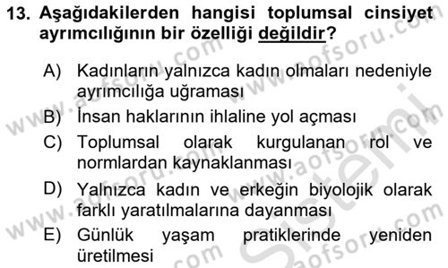 Toplumsal Cinsiyet Çalışmaları Dersi 2025 - 2026 Yılı (Final) Dönem Sonu Sınav Soruları 13. Soru