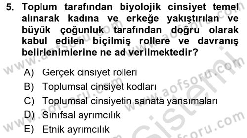 Toplumsal Cinsiyet Çalışmaları Dersi 2025 - 2026 Yılı (Final) Dönem Sonu Sınav Soruları 5. Soru