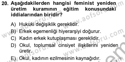 Toplumsal Cinsiyet Sosyolojisi Dersi Ara Sınavı Deneme Sınav Soruları 20. Soru