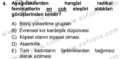 Toplumsal Cinsiyet Sosyolojisi Dersi Ara Sınavı Deneme Sınav Soruları 4. Soru