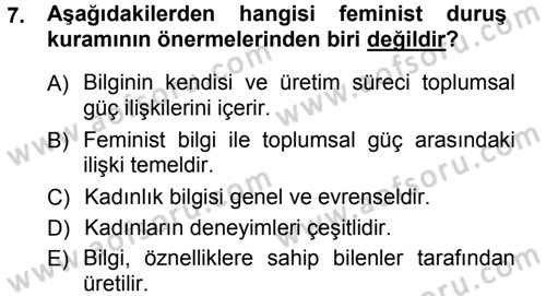 Toplumsal Cinsiyet Sosyolojisi Dersi Ara Sınavı Deneme Sınav Soruları 7. Soru
