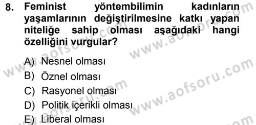 Toplumsal Cinsiyet Sosyolojisi Dersi Ara Sınavı Deneme Sınav Soruları 8. Soru