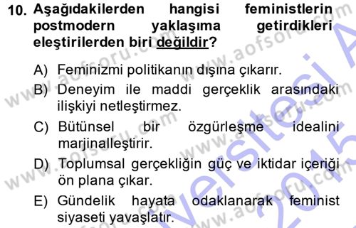 Toplumsal Cinsiyet Sosyolojisi Dersi Ara Sınavı Deneme Sınav Soruları 10. Soru