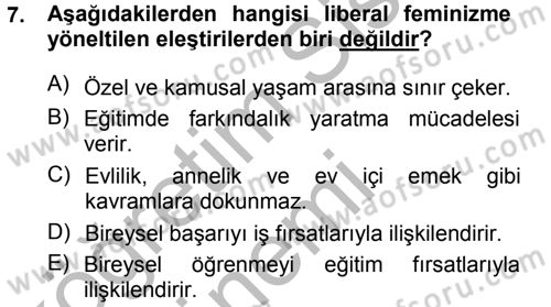 Toplumsal Cinsiyet Sosyolojisi Dersi 2014 - 2015 Yılı (Final) Dönem Sonu Sınav Soruları 7. Soru