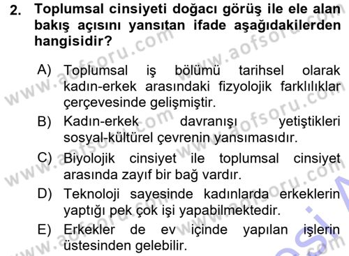 Toplumsal Cinsiyet Sosyolojisi Dersi Ara Sınavı Deneme Sınav Soruları 2. Soru
