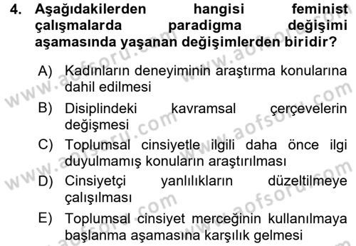 Toplumsal Cinsiyet Sosyolojisi Dersi 2015 - 2016 Yılı (Vize) Ara Sınavı 4. Soru