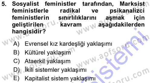 Toplumsal Cinsiyet Sosyolojisi Dersi Ara Sınavı Deneme Sınav Soruları 5. Soru