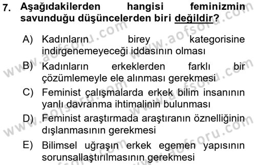 Toplumsal Cinsiyet Sosyolojisi Dersi Ara Sınavı Deneme Sınav Soruları 7. Soru