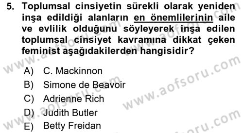 Toplumsal Cinsiyet Sosyolojisi Dersi 2015 - 2016 Yılı (Final) Dönem Sonu Sınav Soruları 5. Soru