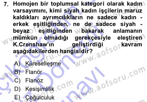 Toplumsal Cinsiyet Sosyolojisi Dersi 2015 - 2016 Yılı (Final) Dönem Sonu Sınav Soruları 7. Soru