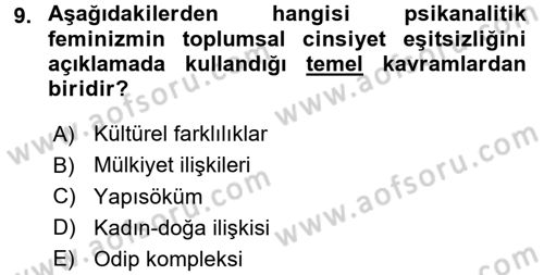 Toplumsal Cinsiyet Sosyolojisi Dersi 2015 - 2016 Yılı (Final) Dönem Sonu Sınav Soruları 9. Soru