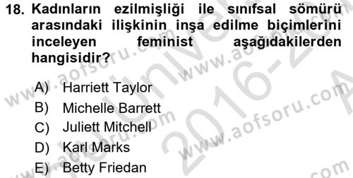 Toplumsal Cinsiyet Sosyolojisi Dersi Ara Sınavı Deneme Sınav Soruları 18. Soru