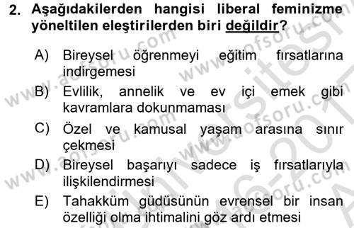 Toplumsal Cinsiyet Sosyolojisi Dersi Ara Sınavı Deneme Sınav Soruları 2. Soru